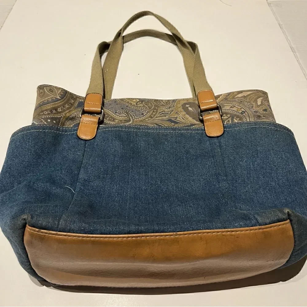 Women's Casual Faux Leather Blue Denim Messenger Bag with Paisley top